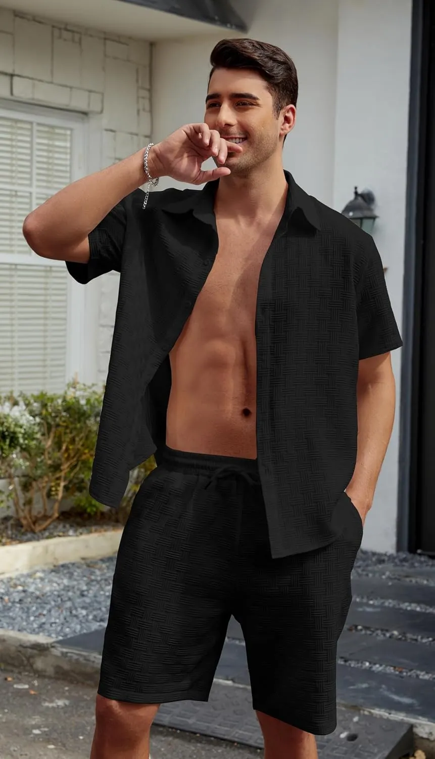 Men's 2 Piece Outfits Short Sleeve Button Down Shirts and Drawstring Shorts Summer Beach Hawaiian Sets