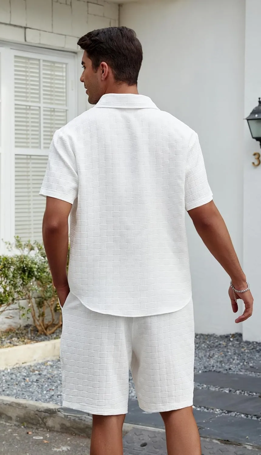 Men's 2 Piece Outfits Short Sleeve Button Down Shirts and Drawstring Shorts Summer Beach Hawaiian Sets