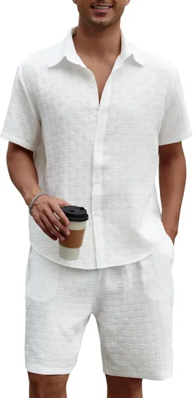 Men's 2 Piece Outfits Short Sleeve Button Down Shirts and Drawstring Shorts Summer Beach Hawaiian Sets