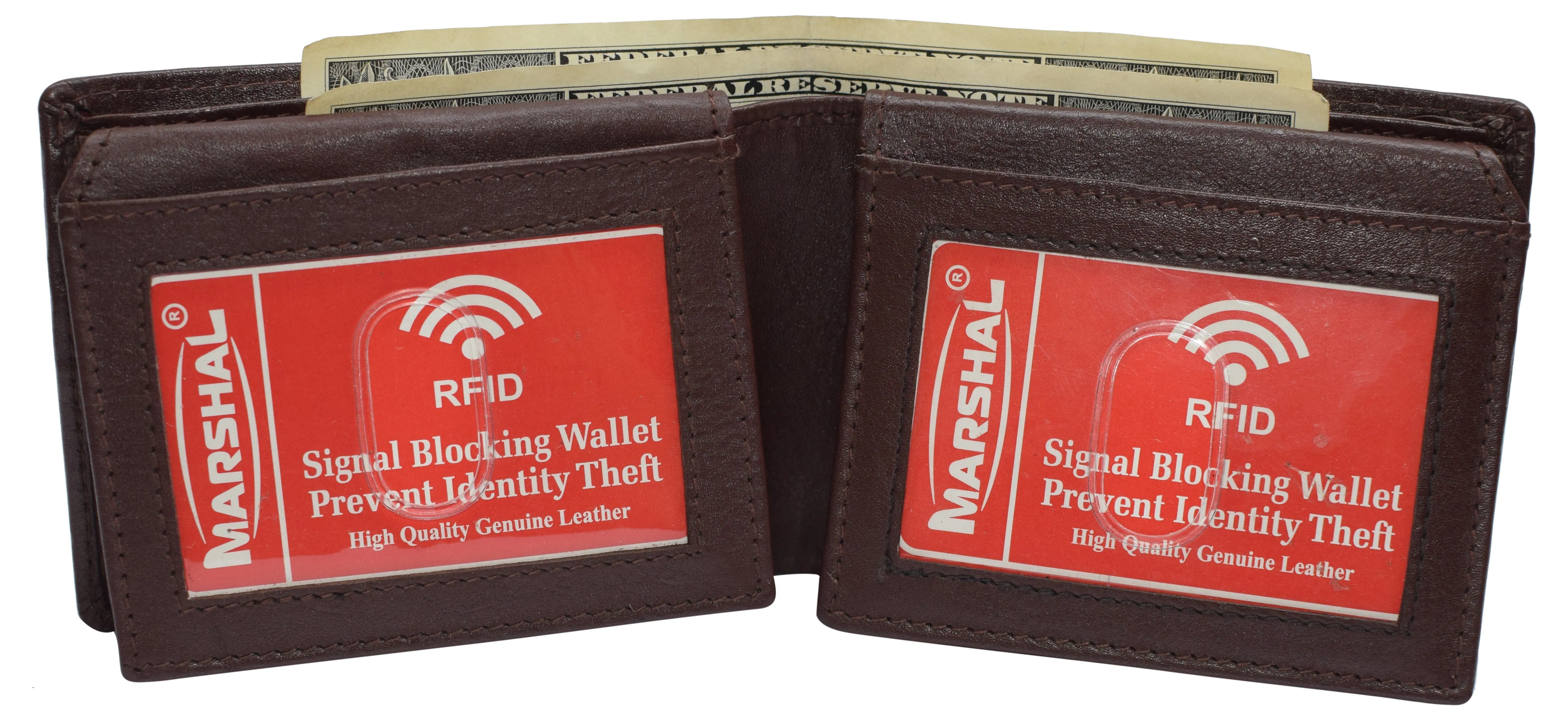 Mens Leather Multi Card Bifold with Double Flip-up 3 Id Windows RFID Blocking