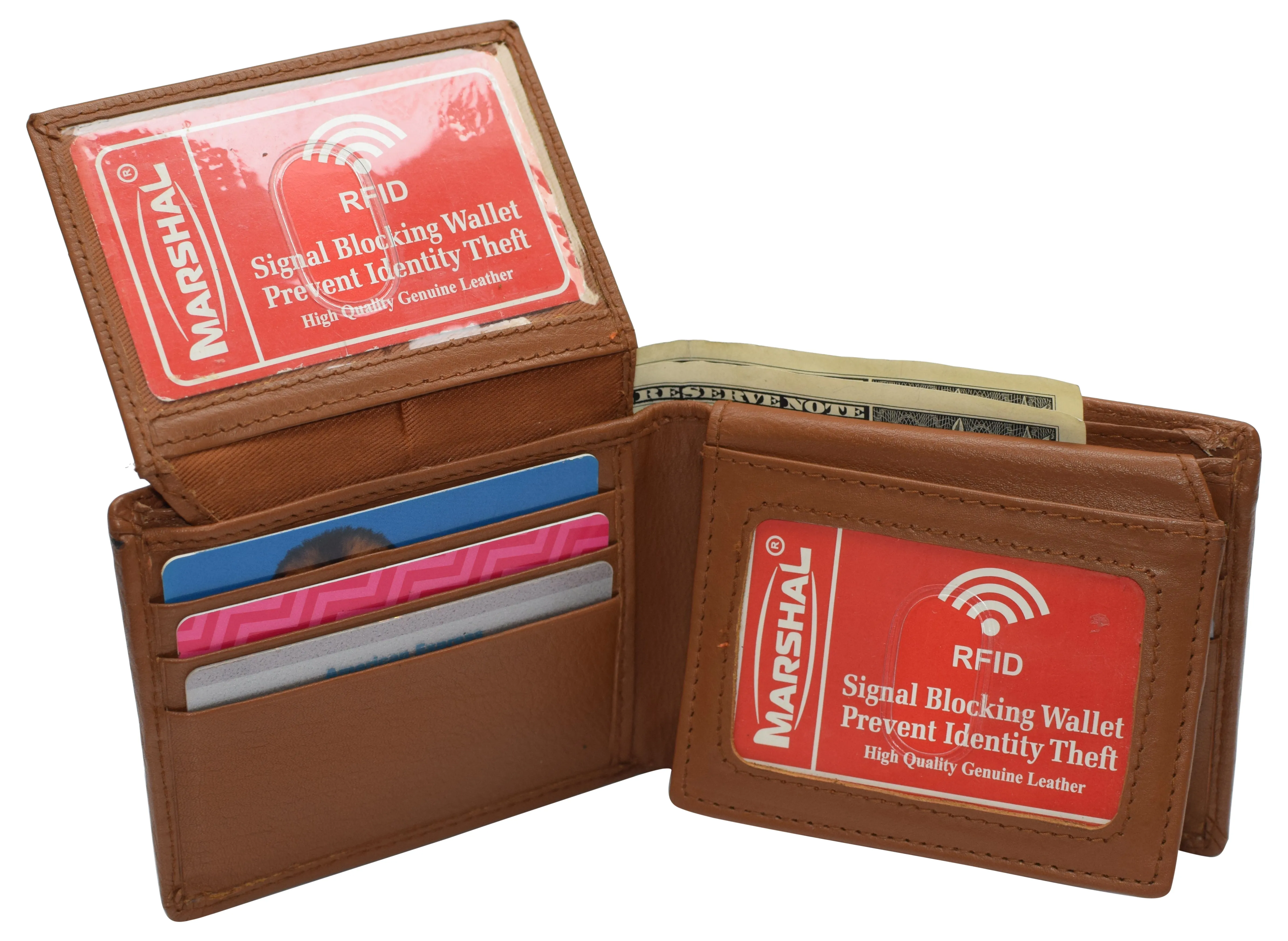 Mens Leather Multi Card Bifold with Double Flip-up 3 Id Windows RFID Blocking