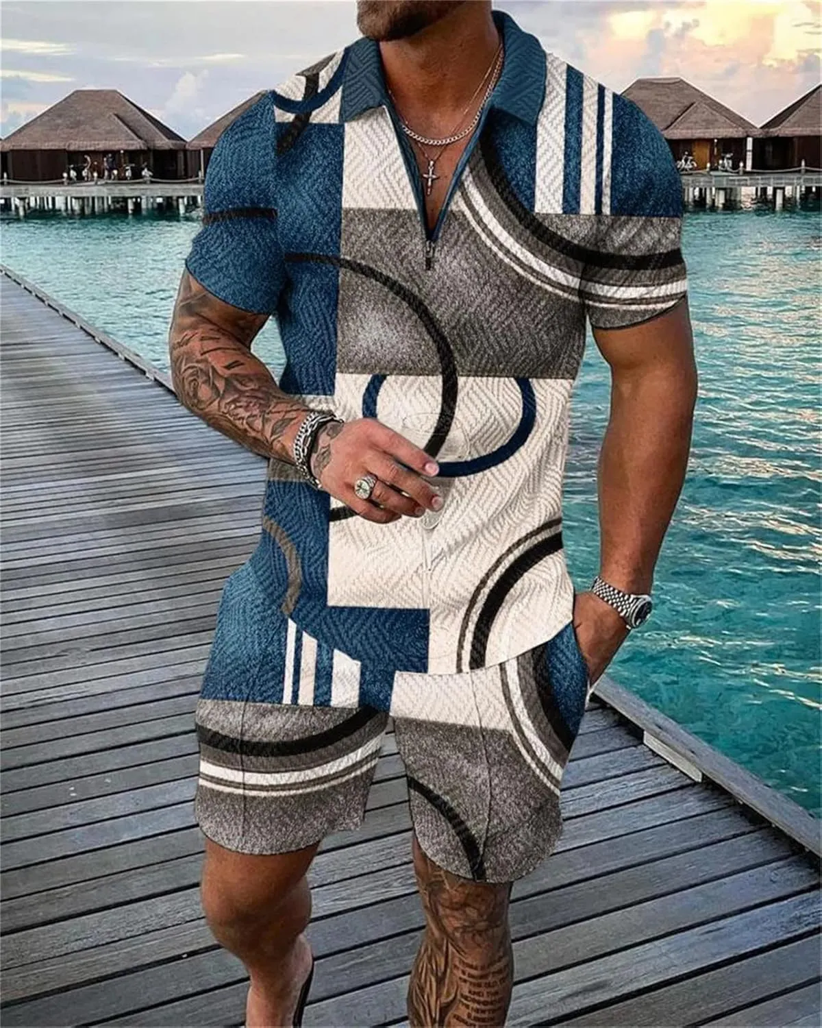 Mens short sets outfits 2 piece Summer Tracksuit Short Sleeve Polo men's shirt and short sets summer outfits for men