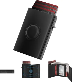 Mens Wallet Card Holder for AirTag: Smart Wallet Compatible with Apple Air Tag, Pop Up Card Case, Top Grain Leather, RFID Blocking, Slim, Minimalist, 9-14 Card Capacity | ID Window | Cash Slot (Black)