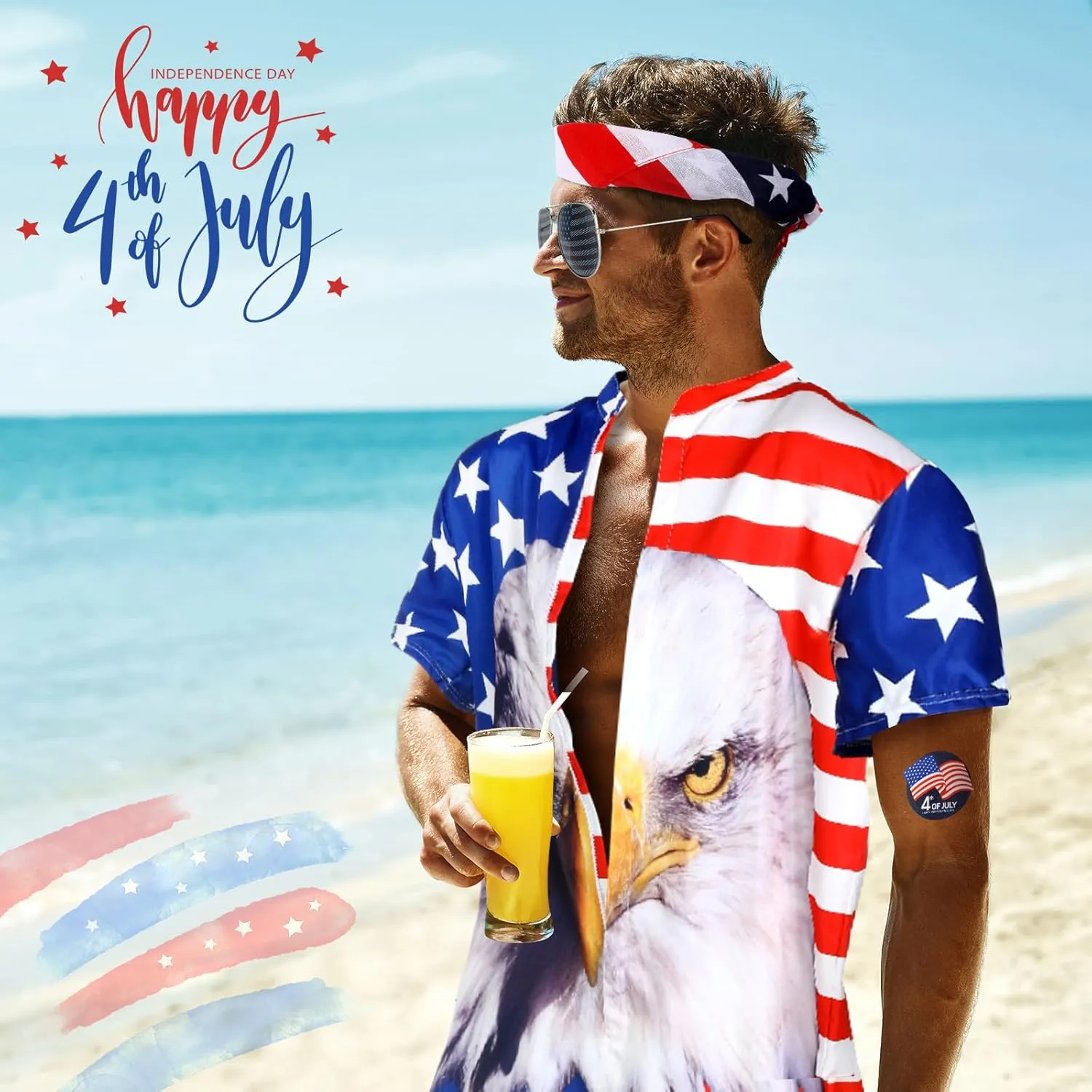 Mepase 15 Pcs 4th of July Costume Men Patriotic USA Flag Mens Romper Hat Sunglass Sock Bandana Tattoo Independence Day Outfit