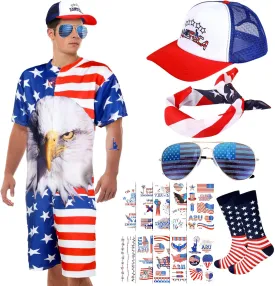Mepase 15 Pcs 4th of July Costume Men Patriotic USA Flag Mens Romper Hat Sunglass Sock Bandana Tattoo Independence Day Outfit