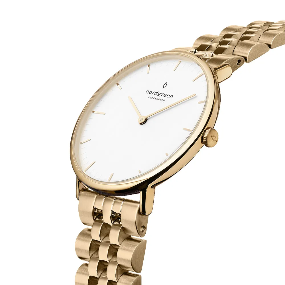 Nordgreen Native White 32mm Dial Gold Watch with 5-link Gold Strap