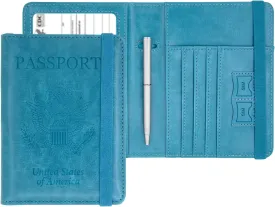 Passport and Vaccine Card Holder Combo,Leather Rfid Blocking Passport Id Organize Travel Wallet Cover Case with Vaccine Card Slot Passport Protectors Book for Girls Women Men(Blue)