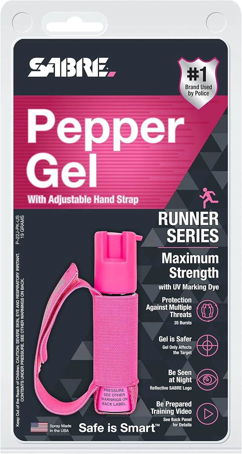 SABRE Runner Pepper Gel, Maximum Police Strength OC Spray, Reflective Hand Strap for Easy Carry & Quick Access, 0.67 fl oz, Secure & Easy to Use Safety, Optional Clip-On Alarm & LED Armband Combos