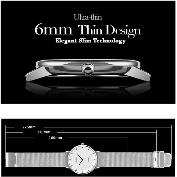 SKMEI Mens Watch, Ultra Thin Design, Stainless Steel, Mesh Strap