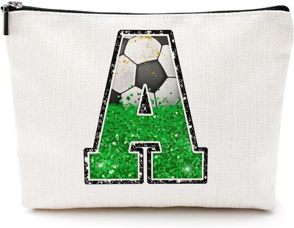 Soccer Gifts Initial Makeup Bag Monogrammed Cosmetic Bag Letter A Zipper Pouch Soccer Accessories for Girls Women Soccer Player Coach Friend Soccer Stuff Graduation Birthday Gifts