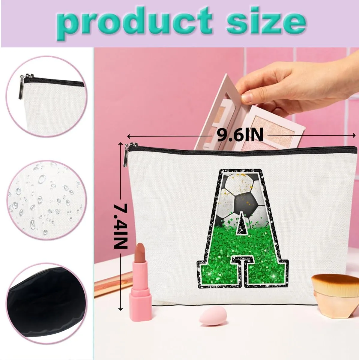 Soccer Gifts Initial Makeup Bag Monogrammed Cosmetic Bag Letter A Zipper Pouch Soccer Accessories for Girls Women Soccer Player Coach Friend Soccer Stuff Graduation Birthday Gifts
