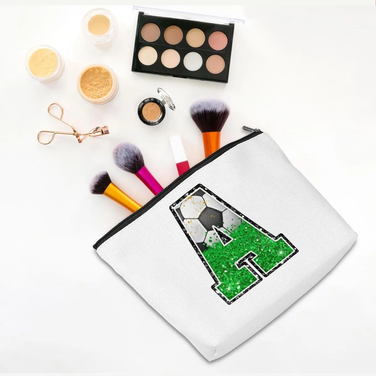 Soccer Gifts Initial Makeup Bag Monogrammed Cosmetic Bag Letter A Zipper Pouch Soccer Accessories for Girls Women Soccer Player Coach Friend Soccer Stuff Graduation Birthday Gifts