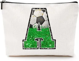 Soccer Gifts Initial Makeup Bag Monogrammed Cosmetic Bag Letter A Zipper Pouch Soccer Accessories for Girls Women Soccer Player Coach Friend Soccer Stuff Graduation Birthday Gifts