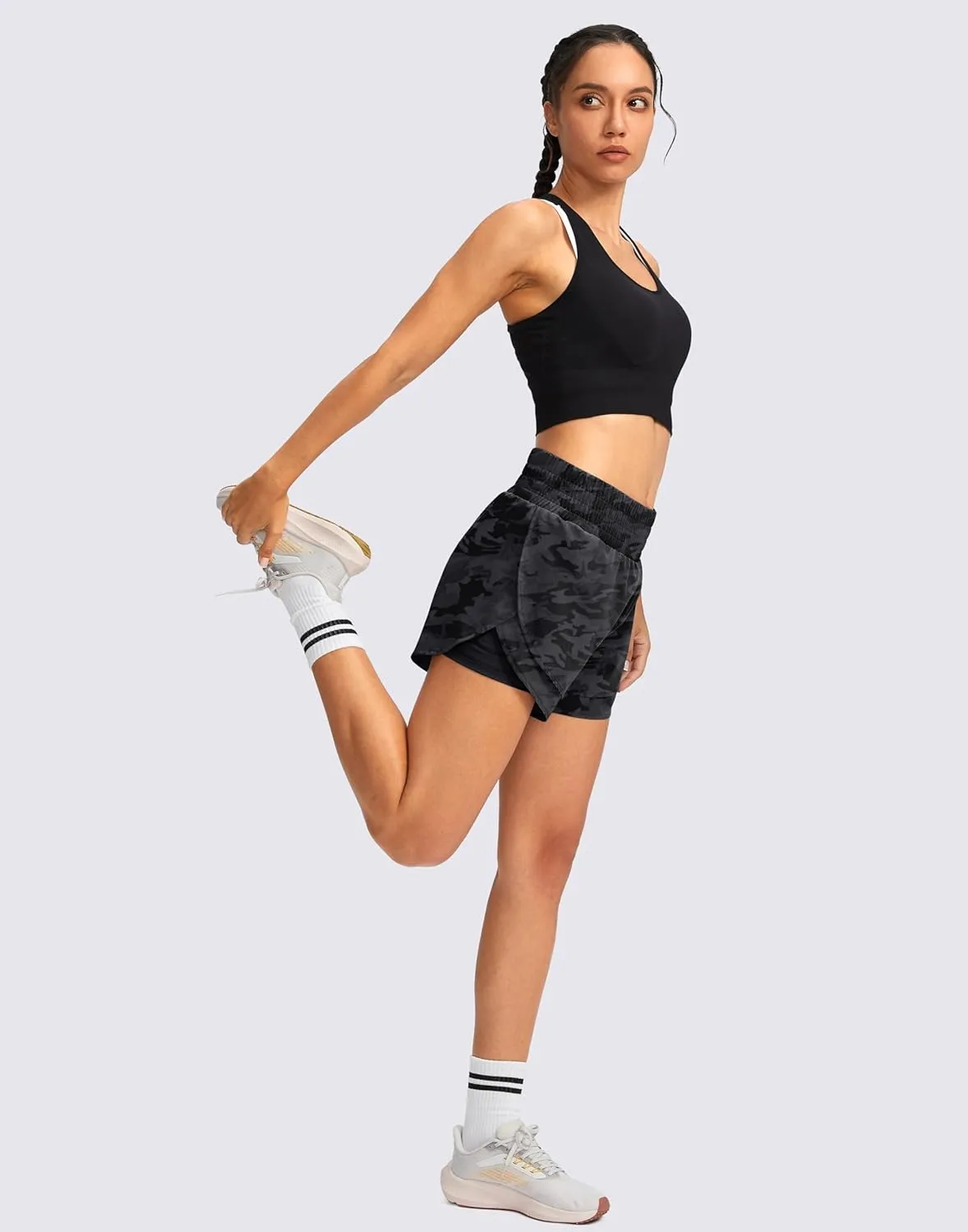 Soothfeel Women's 2 in 1 Running Shorts High Waisted Athletic Shorts Exercise Gym Workout Shorts for Women with Pockets