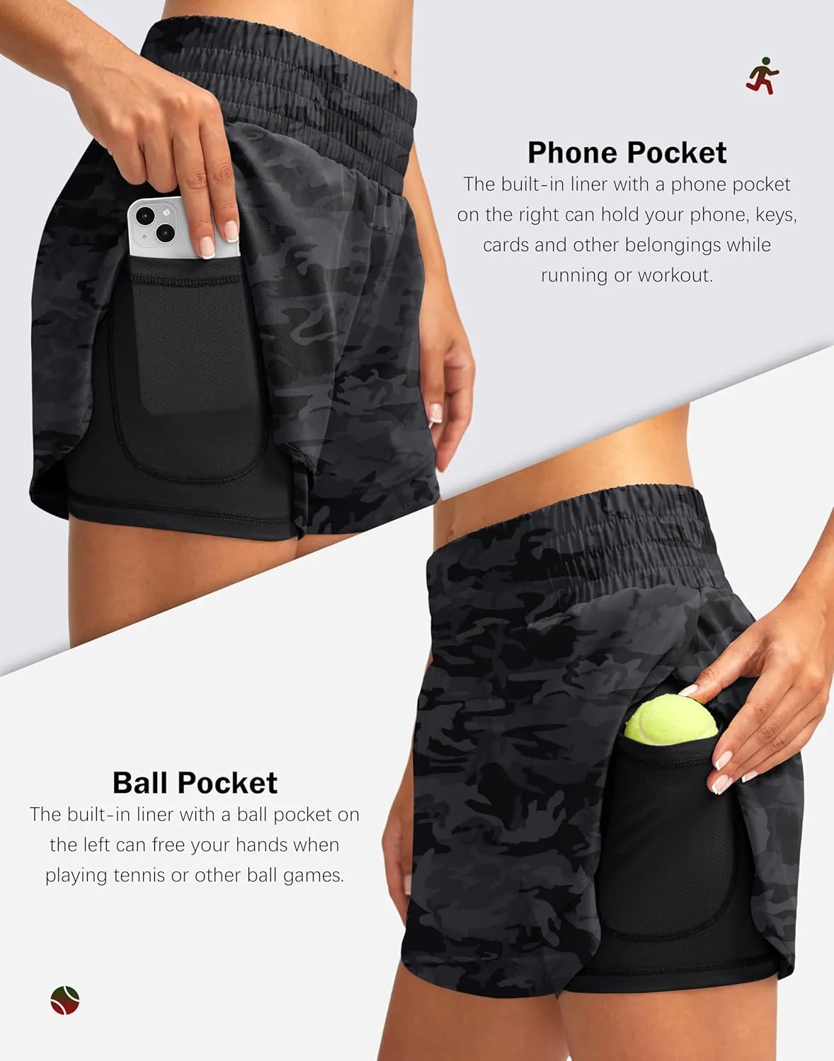Soothfeel Women's 2 in 1 Running Shorts High Waisted Athletic Shorts Exercise Gym Workout Shorts for Women with Pockets