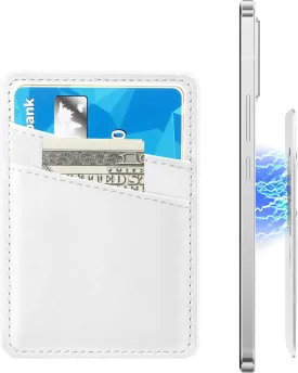 SS Magnetic Card Holder for MagSafe, Magnetic Wallet Compatible for iPhone 15/14/ 13/12 Series, Leather Credit Phone Card Holder, Wihte