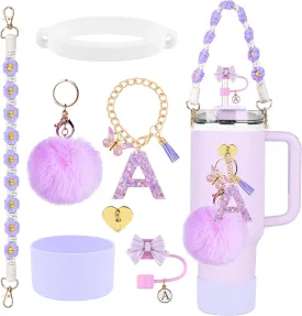 Stanley Cup Accessories Set, 10mm Bow Straw Topper, Siliocne Boot, Water Bottle Handle Strap, Letter Charms for Stanley Cup Straw Cover Cap 40oz 30oz Tumbler (A-Purple)