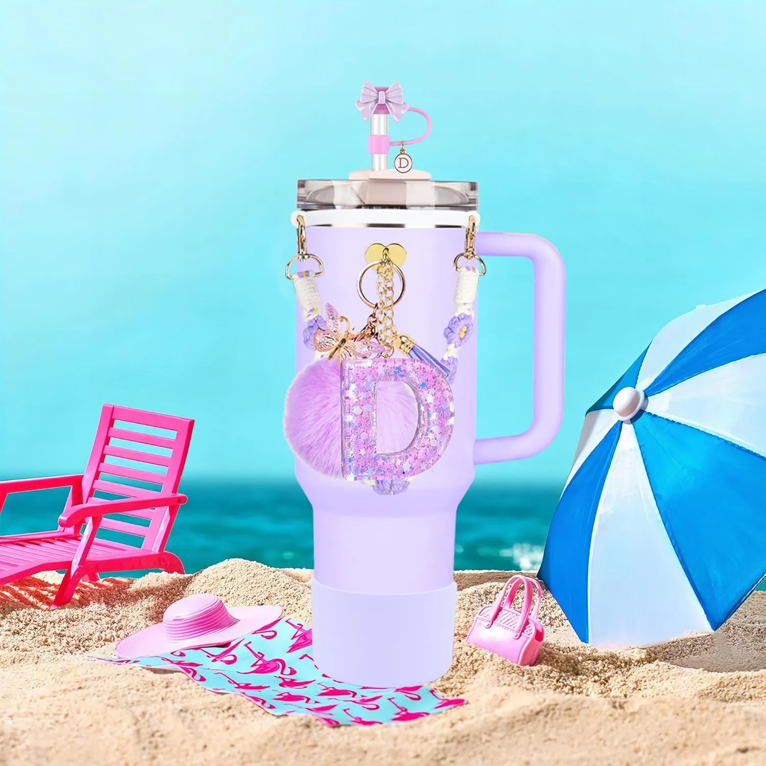 Stanley Cup Accessories Set, 10mm Bow Straw Topper, Siliocne Boot, Water Bottle Handle Strap, Letter Charms for Stanley Cup Straw Cover Cap 40oz 30oz Tumbler (D)