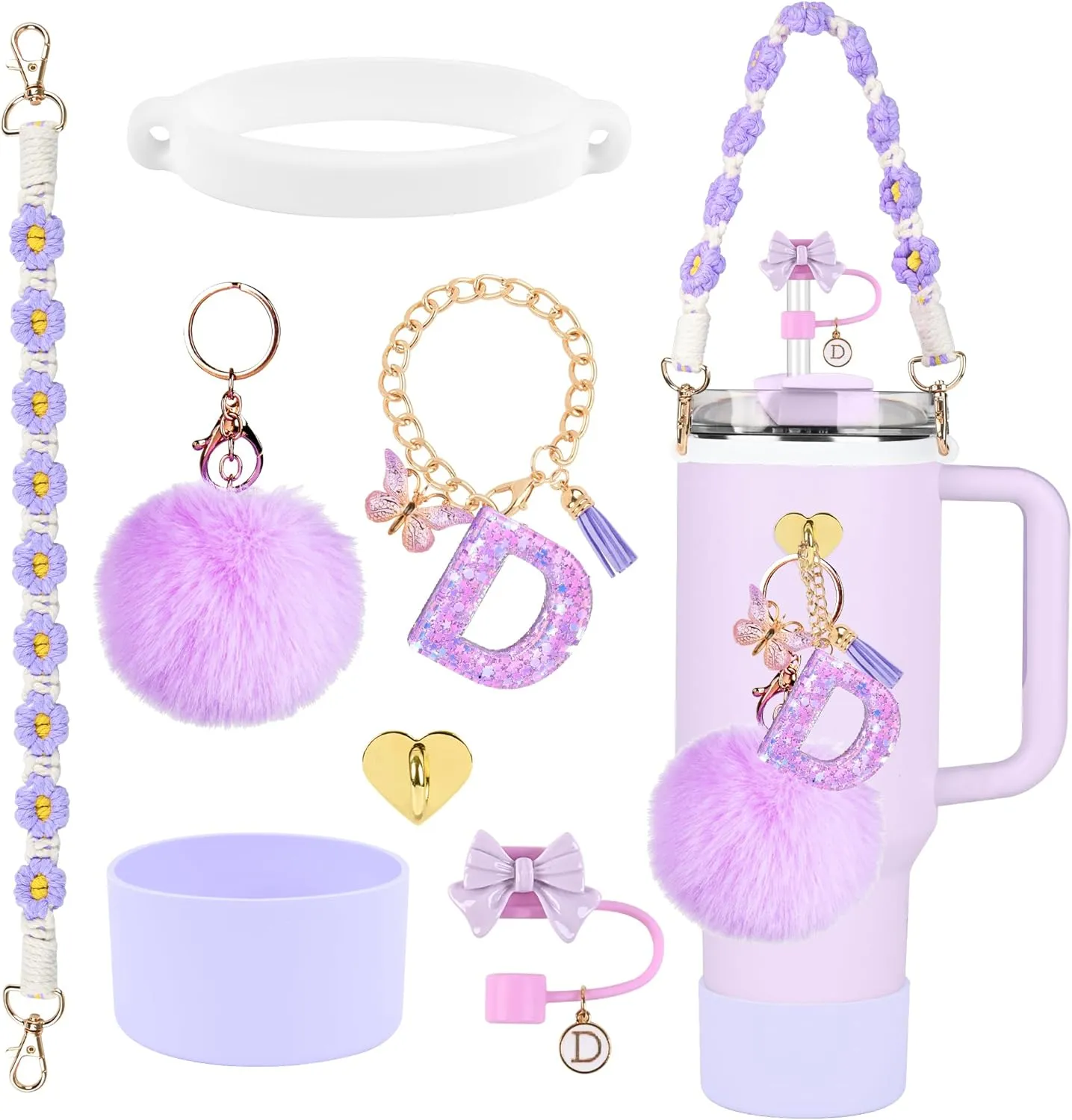 Stanley Cup Accessories Set, 10mm Bow Straw Topper, Siliocne Boot, Water Bottle Handle Strap, Letter Charms for Stanley Cup Straw Cover Cap 40oz 30oz Tumbler (D)