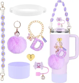 Stanley Cup Accessories Set, 10mm Bow Straw Topper, Siliocne Boot, Water Bottle Handle Strap, Letter Charms for Stanley Cup Straw Cover Cap 40oz 30oz Tumbler (D)