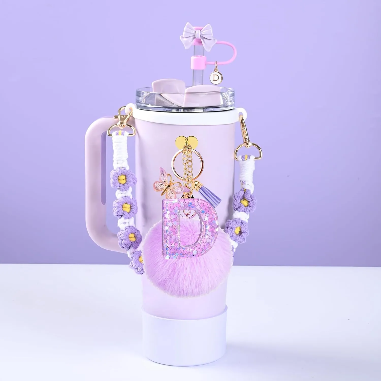 Stanley Cup Accessories Set, 10mm Bow Straw Topper, Siliocne Boot, Water Bottle Handle Strap, Letter Charms for Stanley Cup Straw Cover Cap 40oz 30oz Tumbler (D)