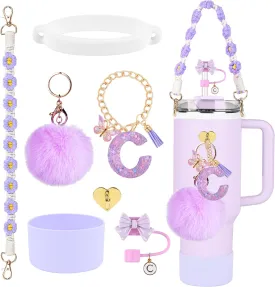 Stanley Cup Accessories Set, 10mm Bow Straw Topper, Siliocne Boot, Water Bottle Handle Strap, Letter Charms for Stanley Cup Straw Cover Cap Tumbler 40oz 30oz (C)