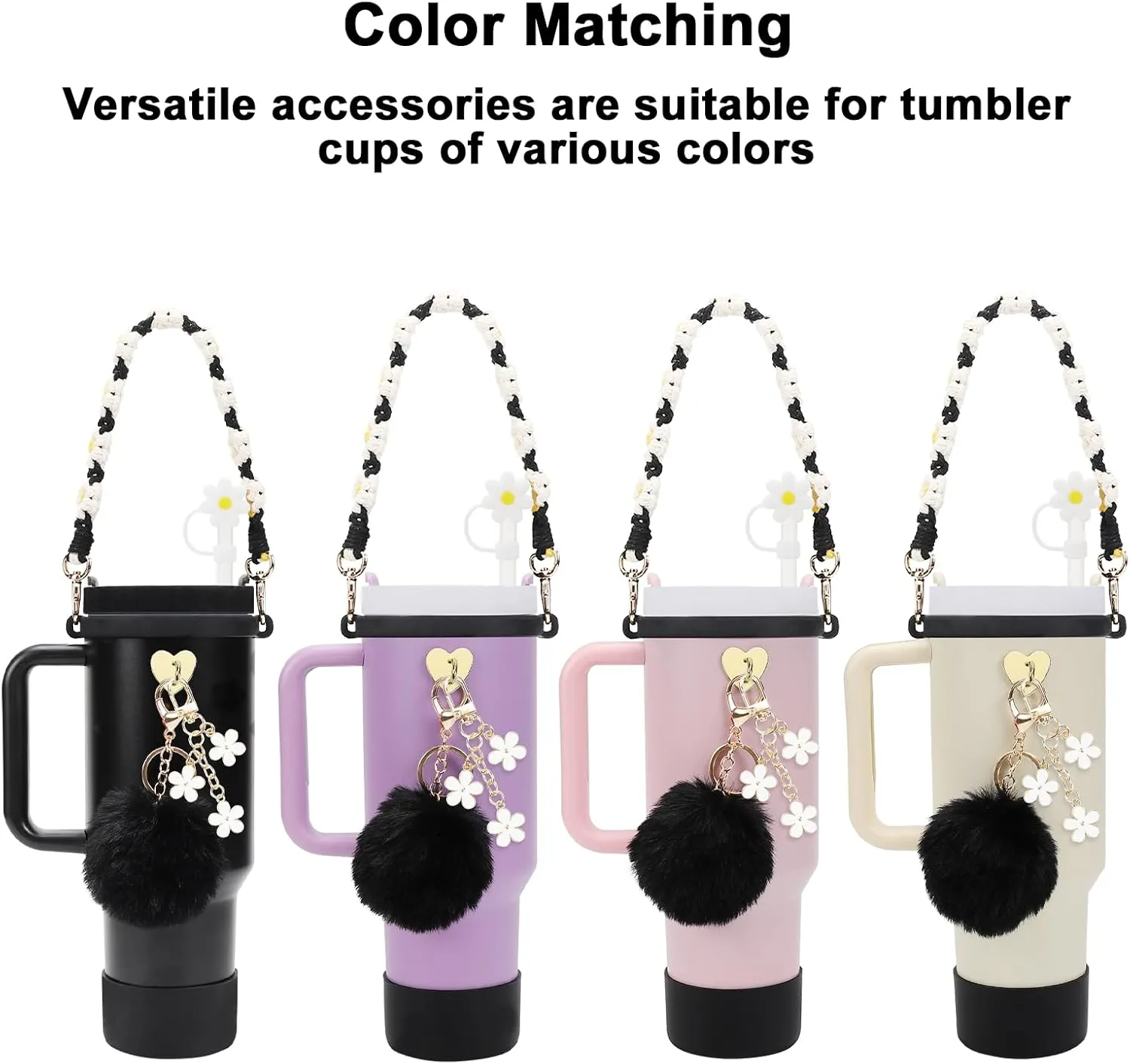 Stanley Cup Accessories Set Including Water Bottle Handle Strap, Siliocne Stanley Cup Boot, Siliocne Straw Cover, Stanley Charms for Stanley Cup 40oz & 30oz Tumbler
