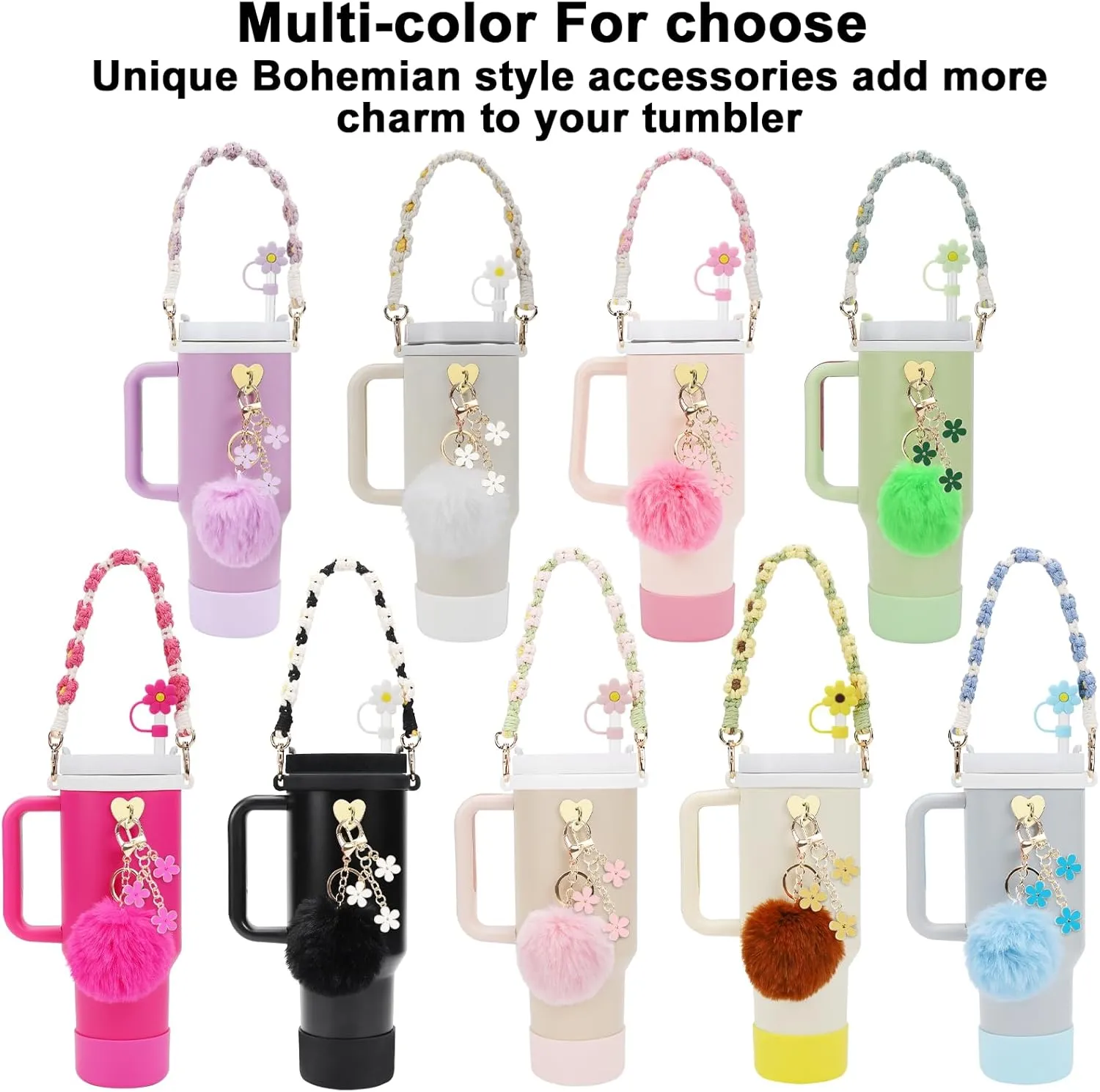 Stanley Cup Accessories Set Including Water Bottle Handle Strap, Siliocne Stanley Cup Boot, Siliocne Straw Cover, Stanley Charms for Stanley Cup 40oz & 30oz Tumbler
