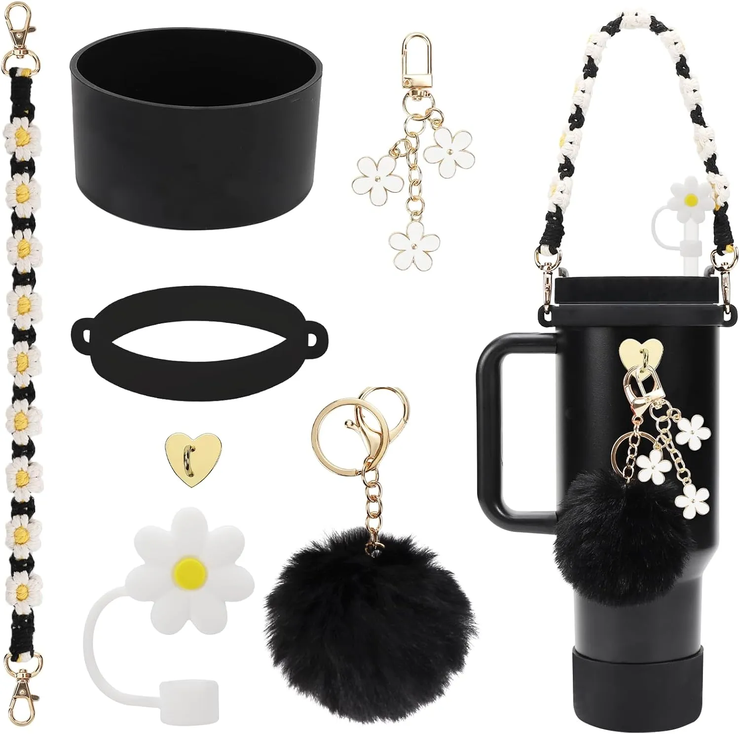 Stanley Cup Accessories Set Including Water Bottle Handle Strap, Siliocne Stanley Cup Boot, Siliocne Straw Cover, Stanley Charms for Stanley Cup 40oz & 30oz Tumbler