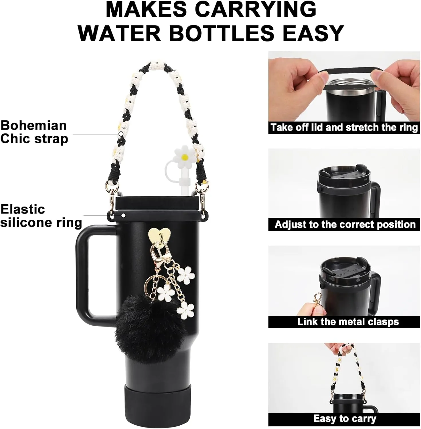 Stanley Cup Accessories Set Including Water Bottle Handle Strap, Siliocne Stanley Cup Boot, Siliocne Straw Cover, Stanley Charms for Stanley Cup 40oz & 30oz Tumbler