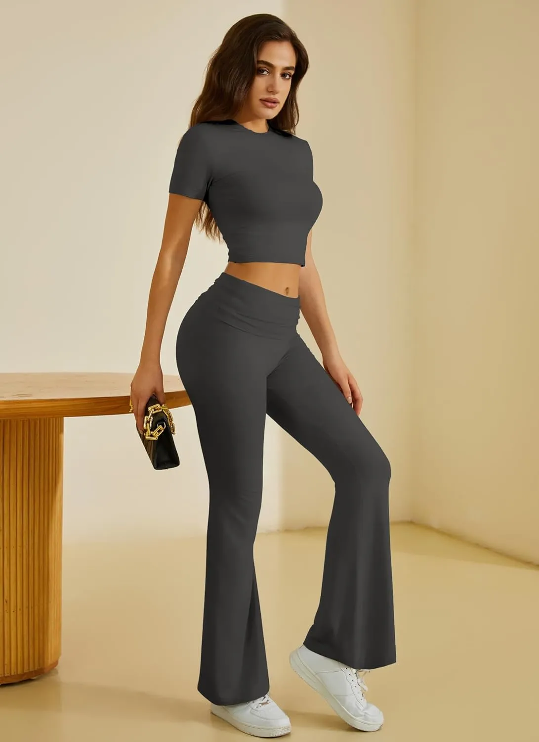 Two Piece Lounge Sets for Women Fold Over Flare Pants Short Sleeve Crop Top Y2k Outfits Matching Set Tracksuit