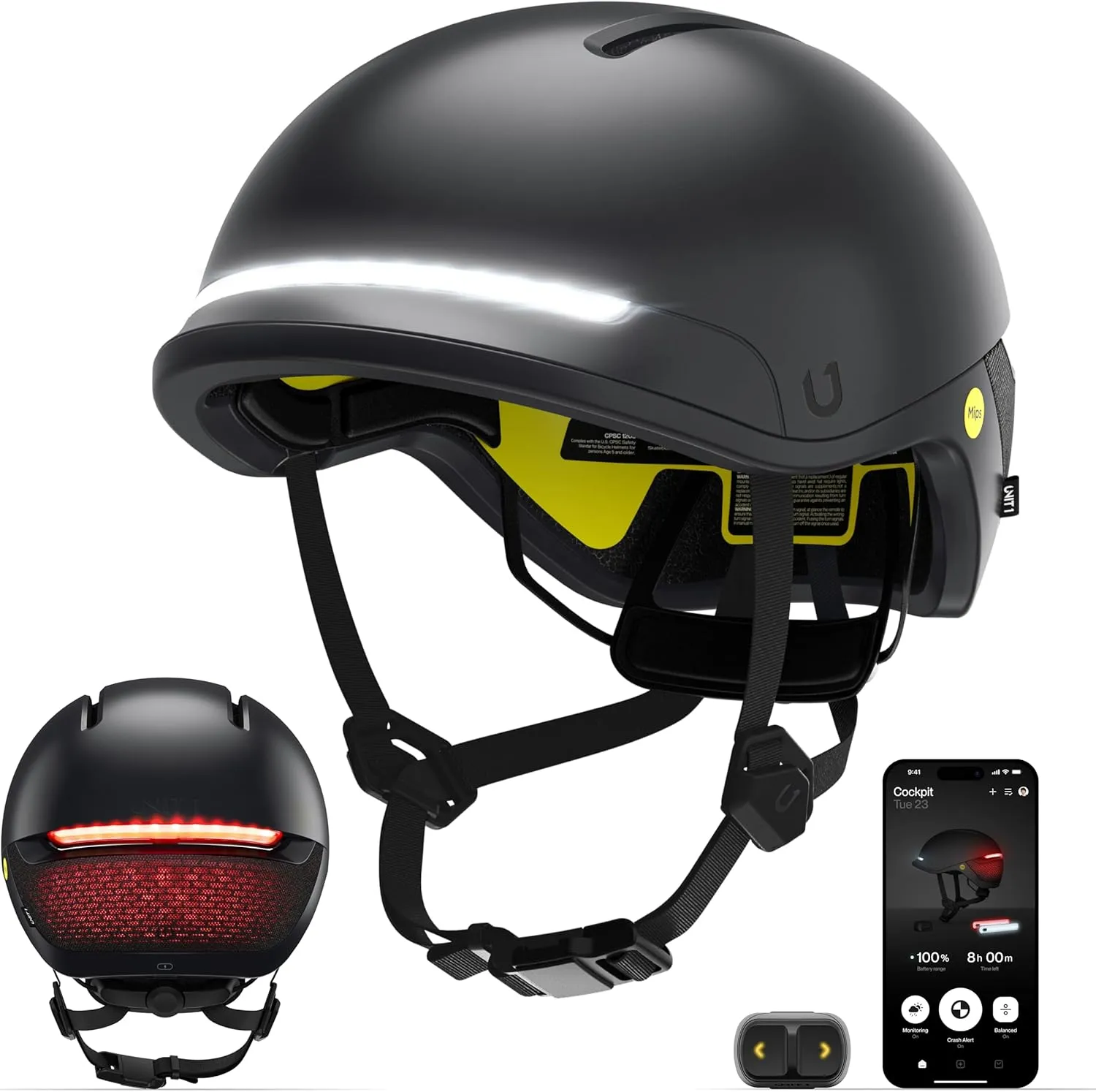 UNIT 1 FARO Smart Bike Helmet | MIPS | Front & Rear LED Lights | Crash Alert | Turn Signals & Brake Lights | Nav Remote Included | Bike, E-Bike, Scooter Certified | iOS & Android App
