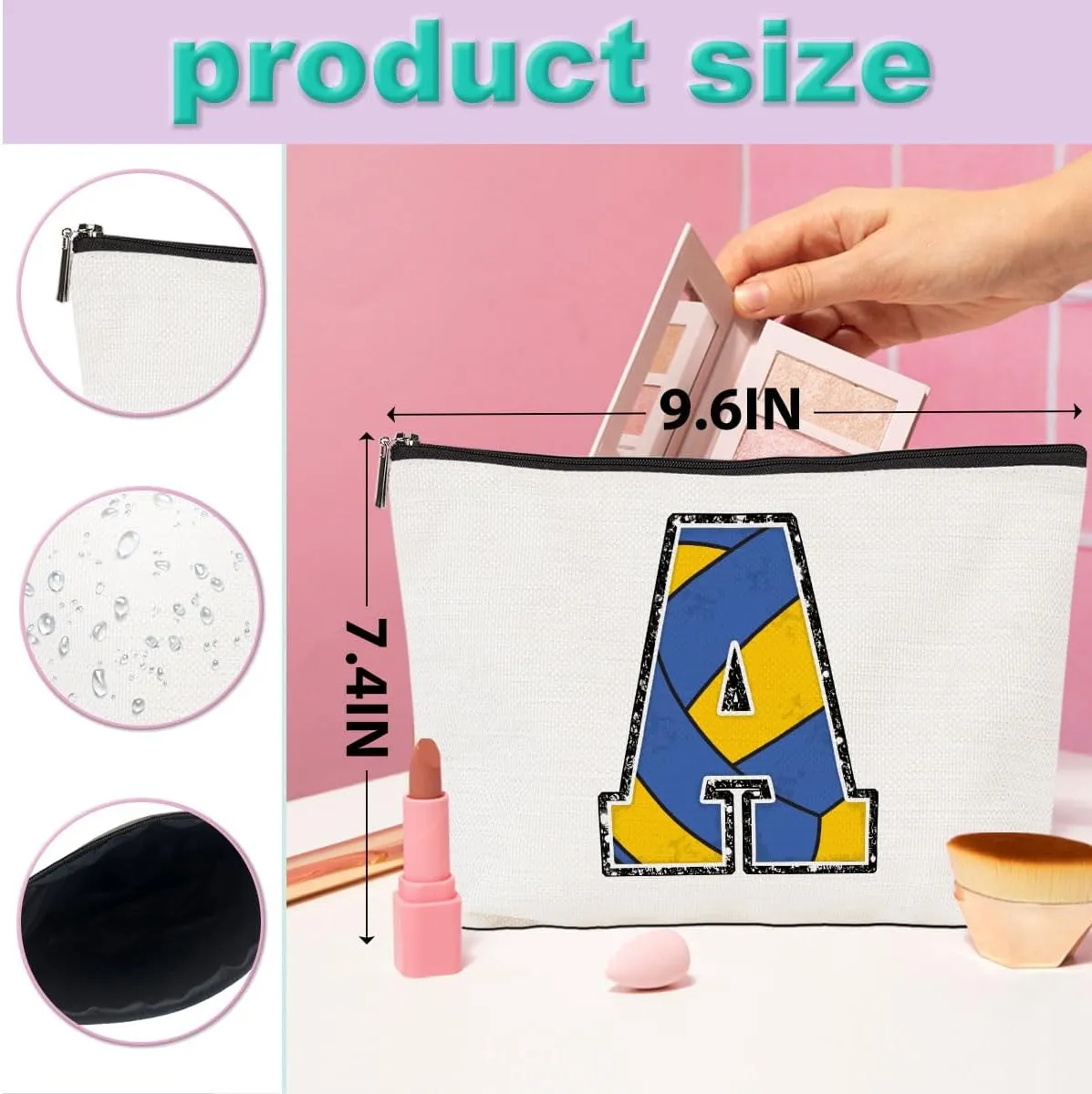Volleyball Gifts Initial Makeup Bag Monogrammed Cosmetic Bag Letter A Zipper Pouch Volleyball Accessories for Girls Women Player Coach Friend Stuff Graduation Birthday Gifts