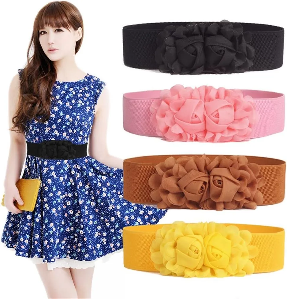 Women's 2 Packs Elastic Corset Waist Belts Stretch Wide Double Rose-Flower for Wedding Dresses