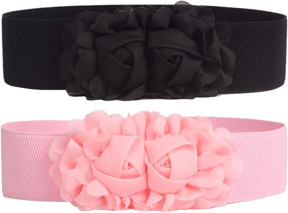 Women's 2 Packs Elastic Corset Waist Belts Stretch Wide Double Rose-Flower for Wedding Dresses
