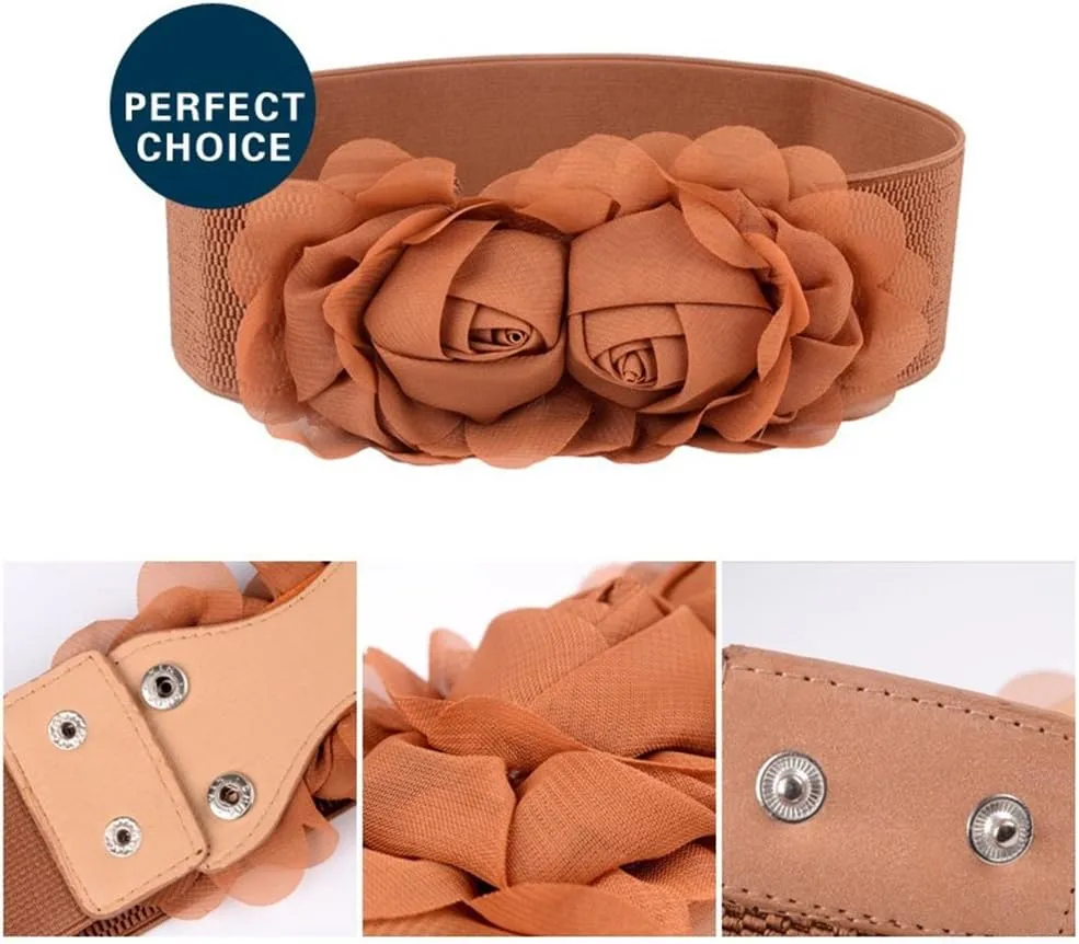 Women's 2 Packs Elastic Corset Waist Belts Stretch Wide Double Rose-Flower for Wedding Dresses