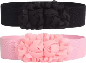 Women's 2 Packs Elastic Corset Waist Belts Stretch Wide Double Rose-Flower for Wedding Dresses