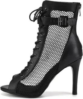 Women's Ballroom Dance Heels Booties Peep Toe Mesh Latin Salsa Dancing Boots with 4 Inch Heels