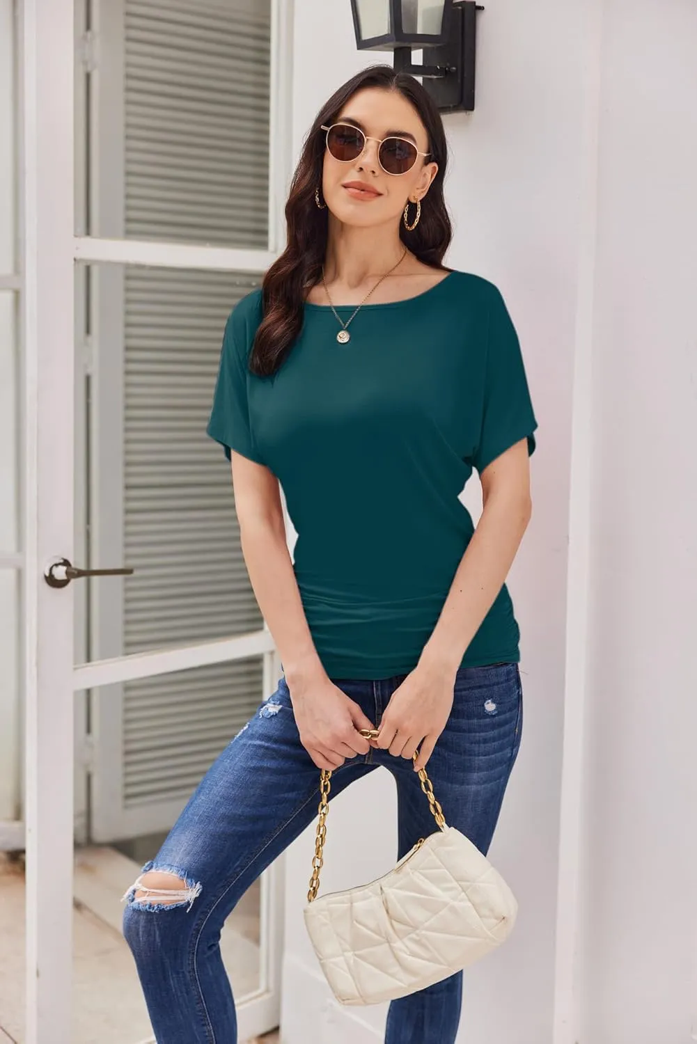 Womens Ruched Tops Casual T Shirts Dolman Short Sleeve Shirts Boat Neck Summer Off Shoulder Batwing Tops 2025