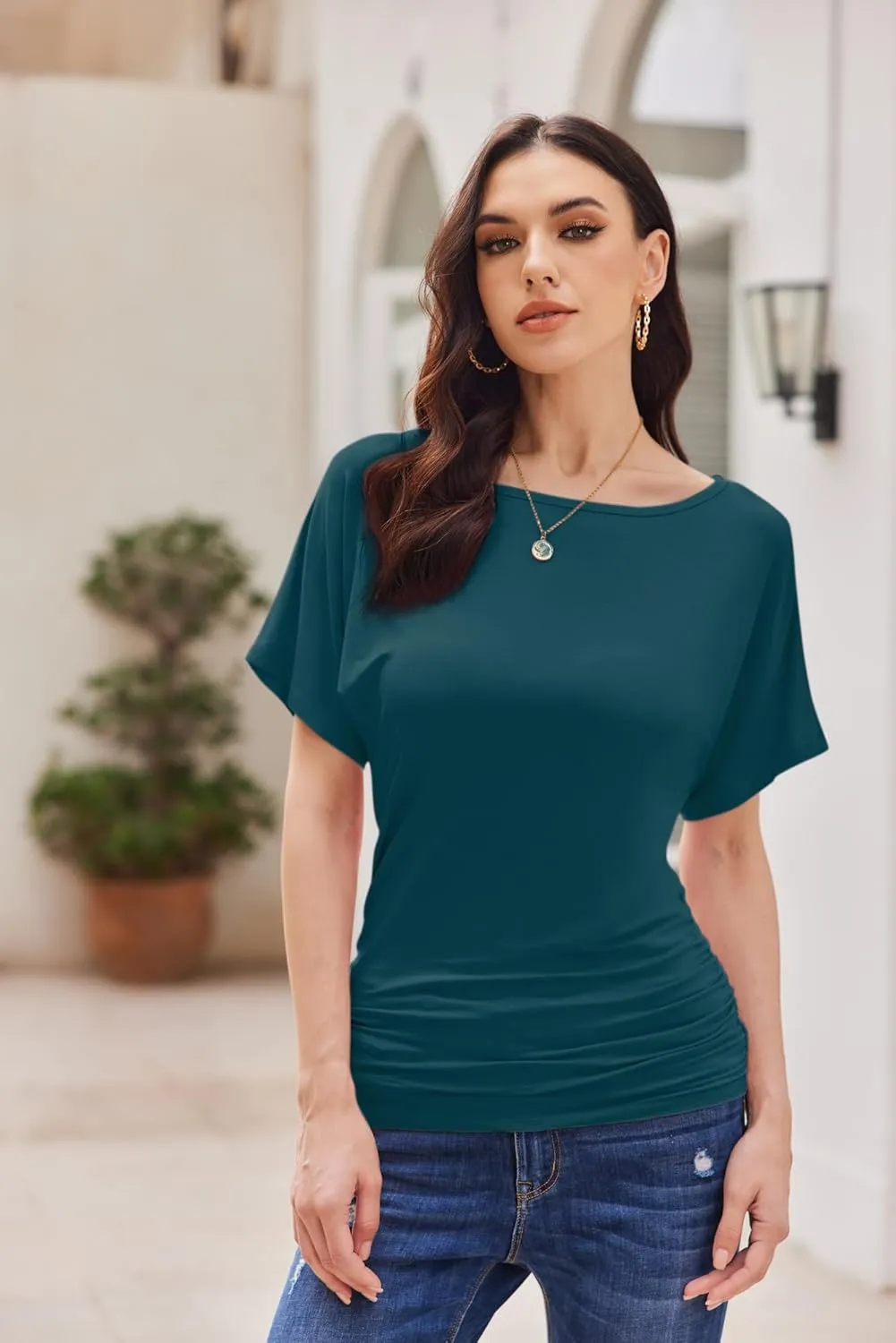 Womens Ruched Tops Casual T Shirts Dolman Short Sleeve Shirts Boat Neck Summer Off Shoulder Batwing Tops 2025
