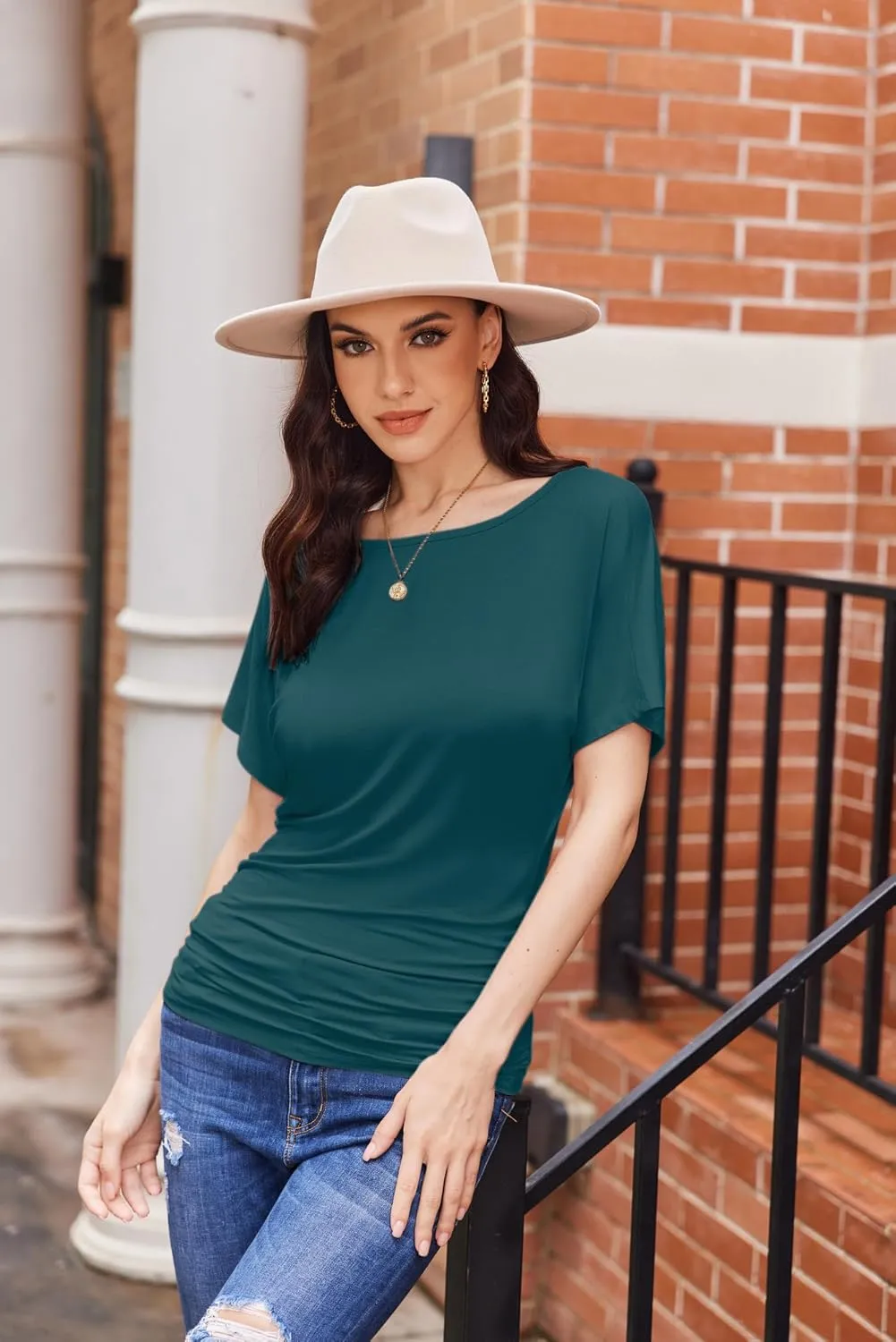 Womens Ruched Tops Casual T Shirts Dolman Short Sleeve Shirts Boat Neck Summer Off Shoulder Batwing Tops 2025