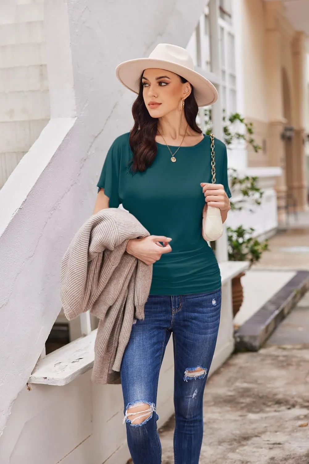Womens Ruched Tops Casual T Shirts Dolman Short Sleeve Shirts Boat Neck Summer Off Shoulder Batwing Tops 2025