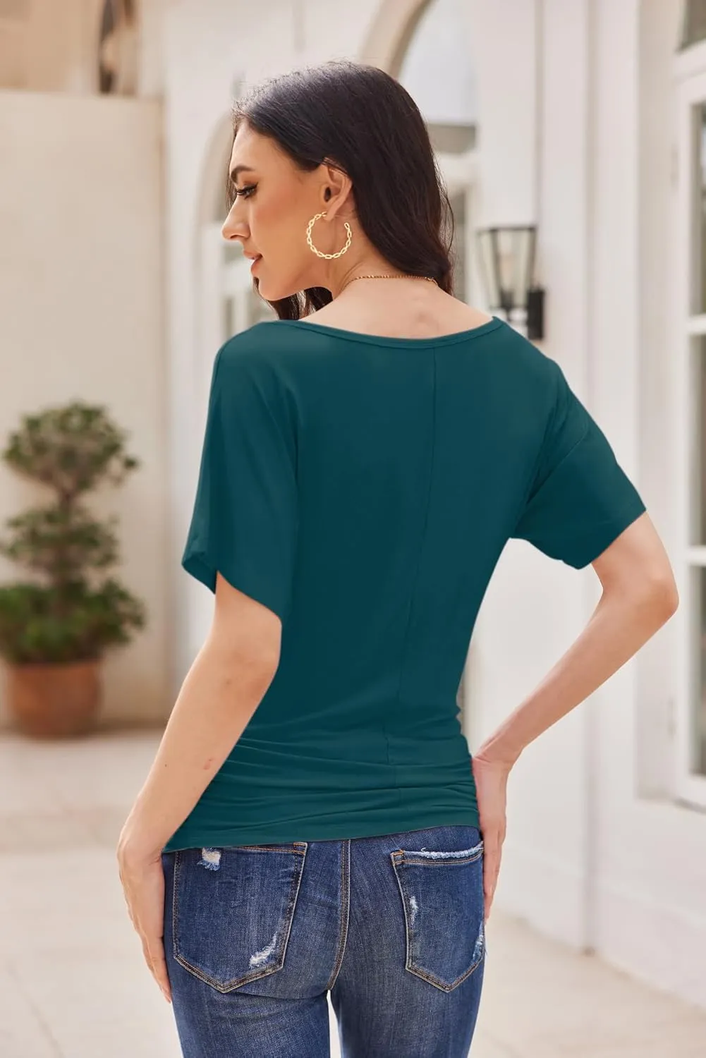 Womens Ruched Tops Casual T Shirts Dolman Short Sleeve Shirts Boat Neck Summer Off Shoulder Batwing Tops 2025