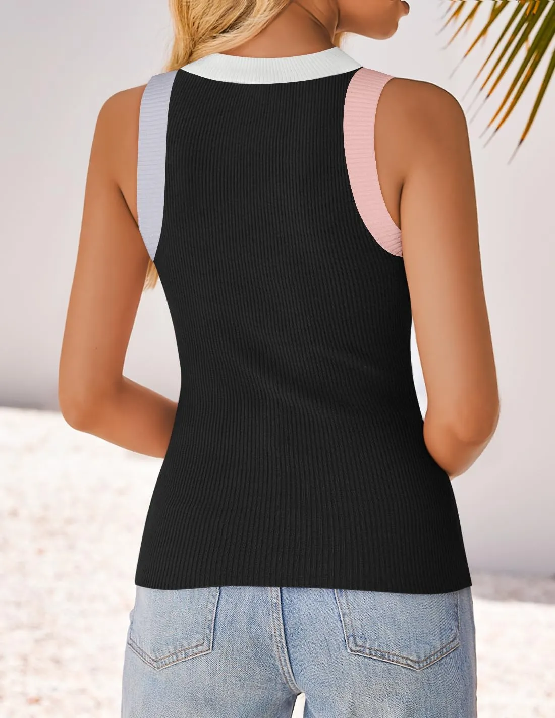 ZESICA Womens Summer Sleeveless Tank Tops Ribbed High Neck Racerback Slim Fitted Color Block Casual Shirts