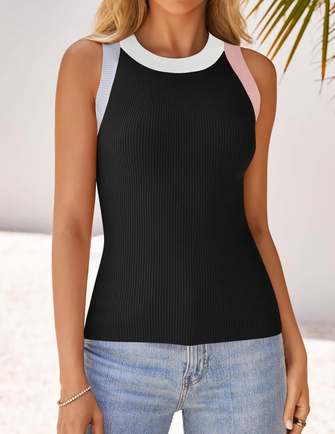 ZESICA Womens Summer Sleeveless Tank Tops Ribbed High Neck Racerback Slim Fitted Color Block Casual Shirts