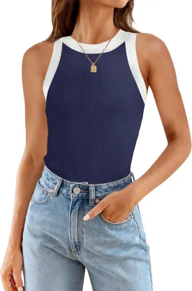 ZESICA Womens Summer Sleeveless Tank Tops Ribbed High Neck Racerback Slim Fitted Color Block Casual Shirts