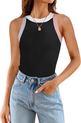 ZESICA Womens Summer Sleeveless Tank Tops Ribbed High Neck Racerback Slim Fitted Color Block Casual Shirts