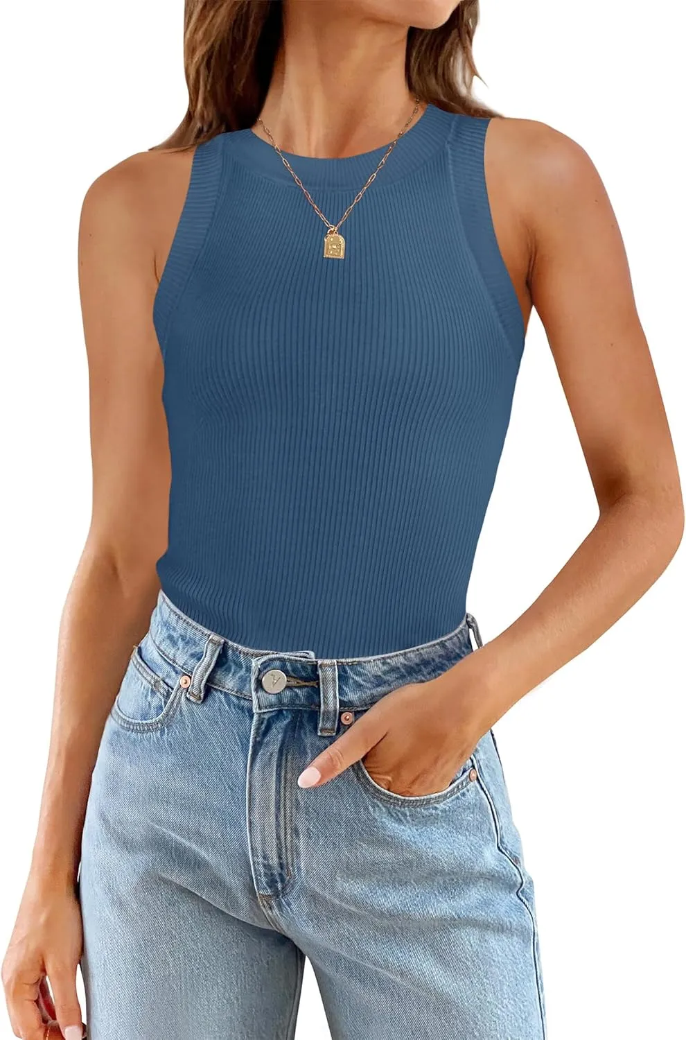 ZESICA Womens Summer Sleeveless Tank Tops Ribbed High Neck Racerback Slim Fitted Color Block Casual Shirts
