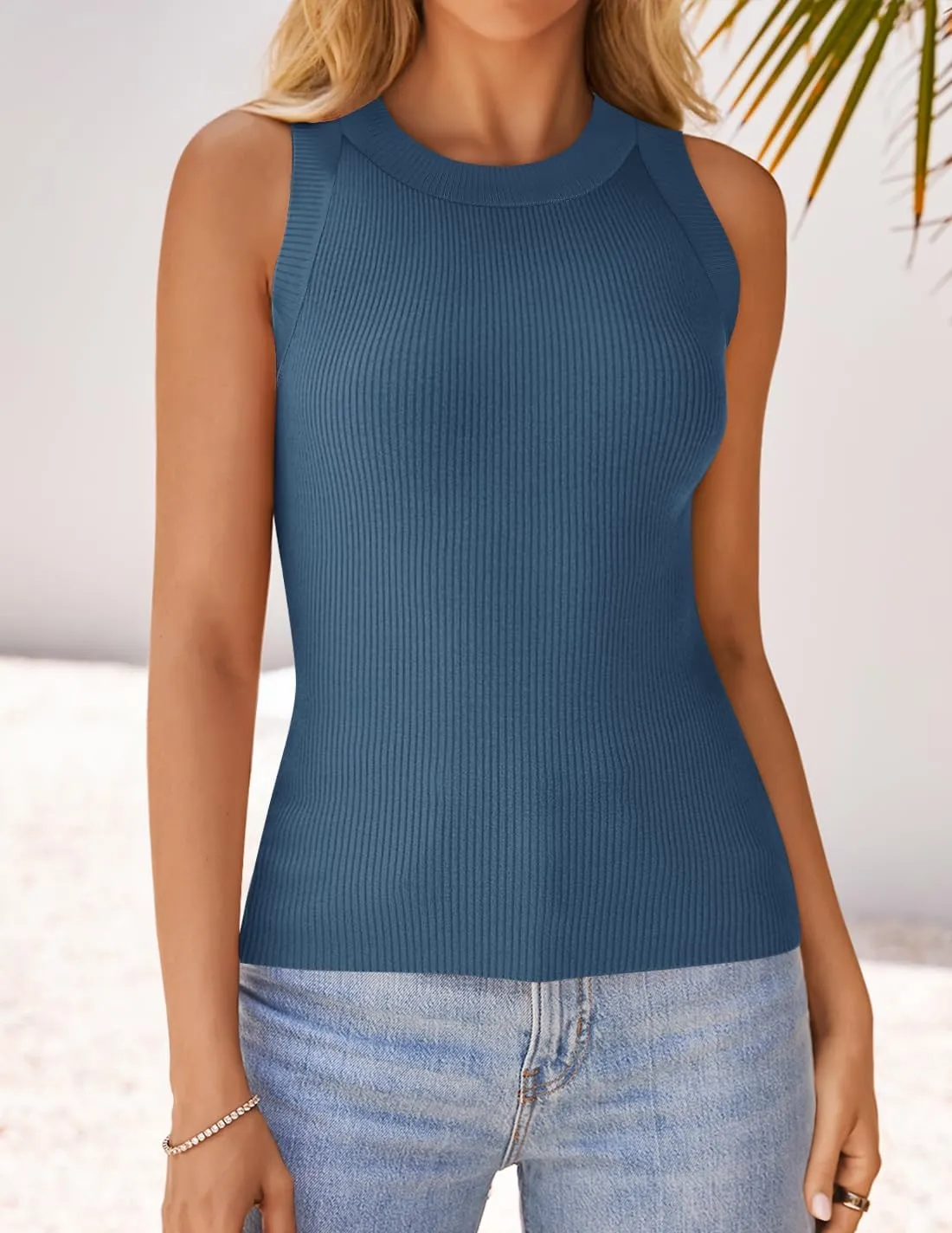ZESICA Womens Summer Sleeveless Tank Tops Ribbed High Neck Racerback Slim Fitted Color Block Casual Shirts